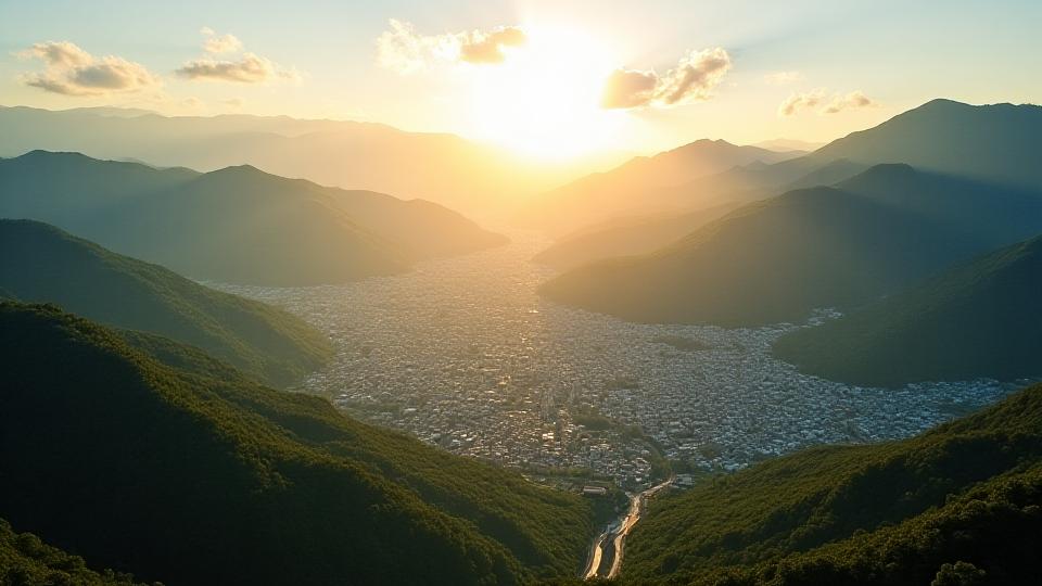 Vista aérea de Medellín y sus montañas al atardecer
