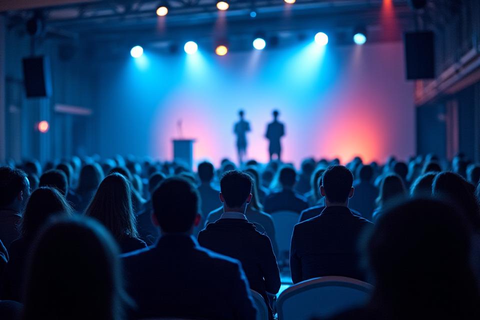Audiencia atenta en una conferencia profesional, iluminada por focos