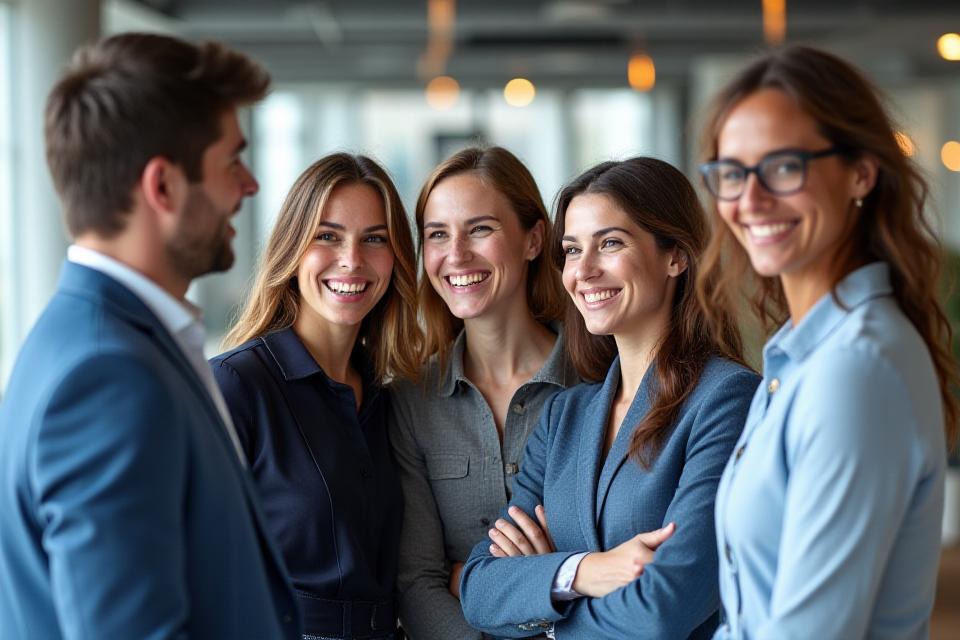 Equipo de profesionales en una oficina moderna, con enfoque en branding.