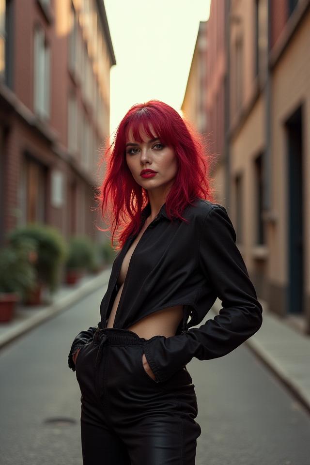 Modelo posando en un entorno urbano con estilo moderno