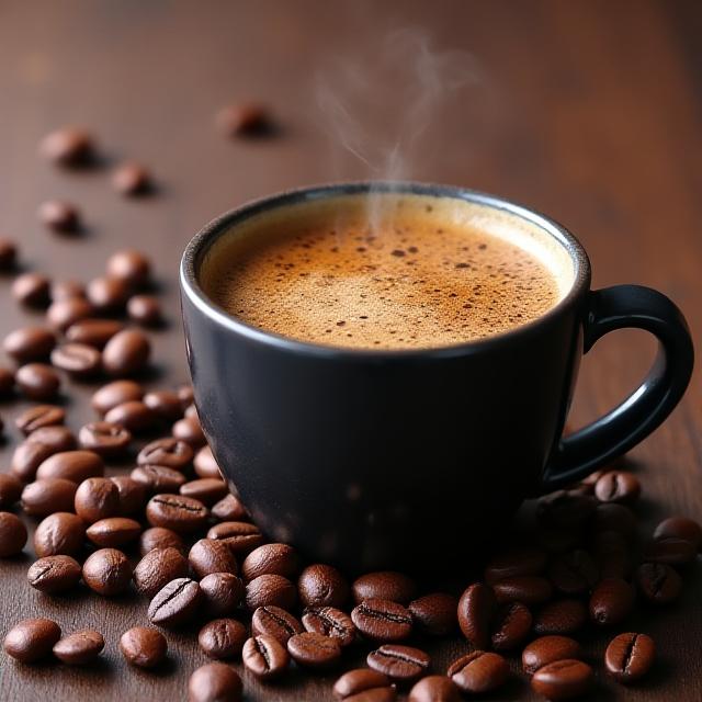 Granos de café tostados y una taza humeante, estilo publicitario