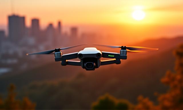 Un dron volando sobre un paisaje urbano al atardecer, capturando vistas panorámicas.