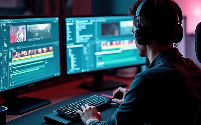 Un editor de video trabajando en un software de edición con múltiples pantallas y herramientas.